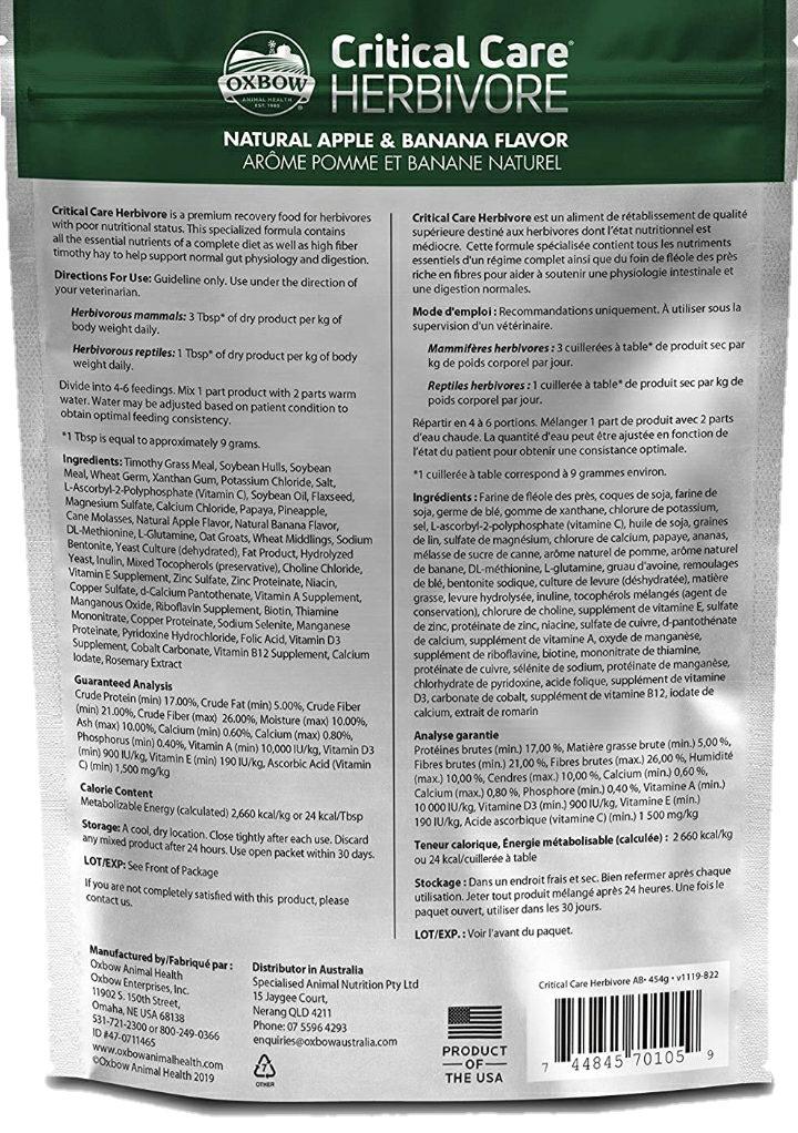 oxbow critical care herbivore rear of packet with ingredients and instructions